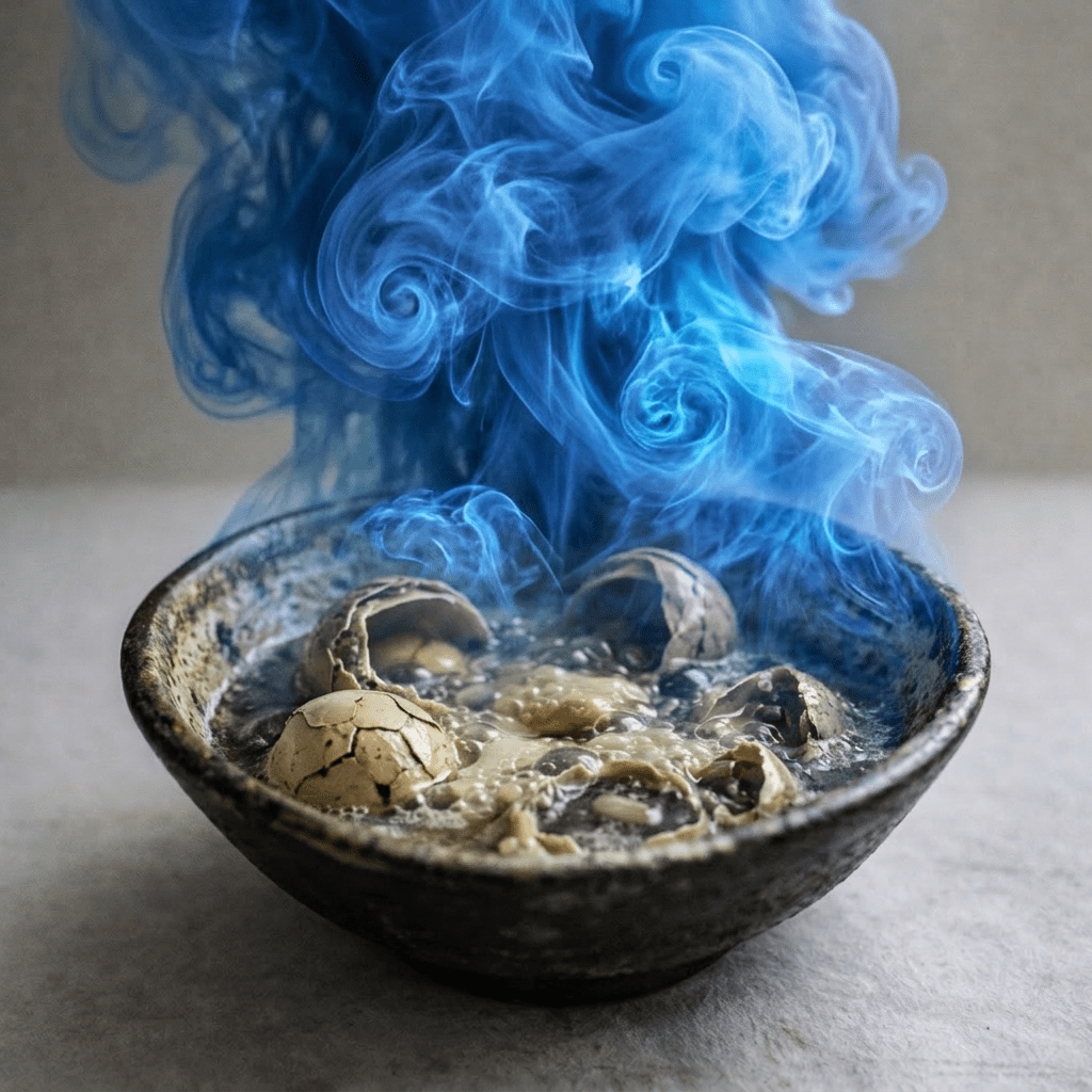 Bowl containing steaming liquid and multiple cracked eggshell halves with a spoon